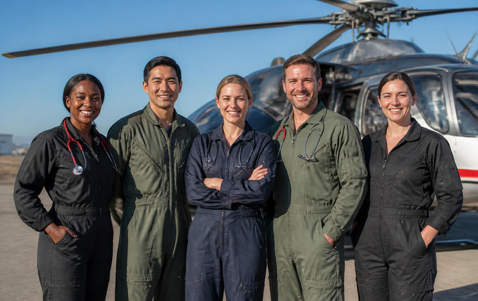 Air Methods crew members standing in front of a helicopter